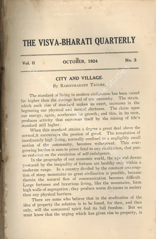 Tagore, Rabindranath (Editor). Visva-Bharati Quarterly. 2(3). Calcutta: Kishorimohan Santra, October 1924 | Journal | FineArts | 00502420