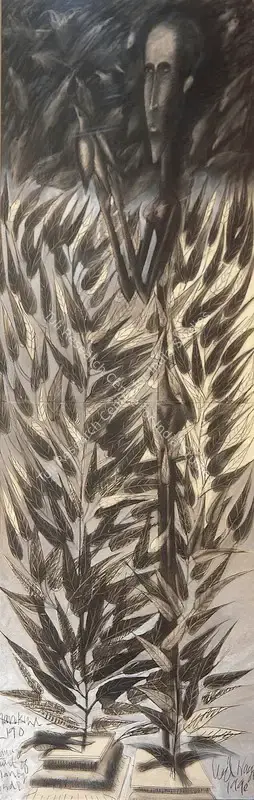 Nayar, Ved (Artist). Mankind 2190 Series. Silver paint, black and white chalk on paper, 1990 | Painting | FineArts | 00371523