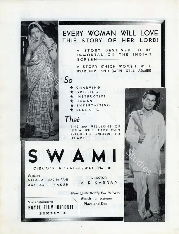 Kardar, A.R. (Director), Swami, 1941 | Advertisement, Filmindia, August 1941 | CinemaEducation | 00858529