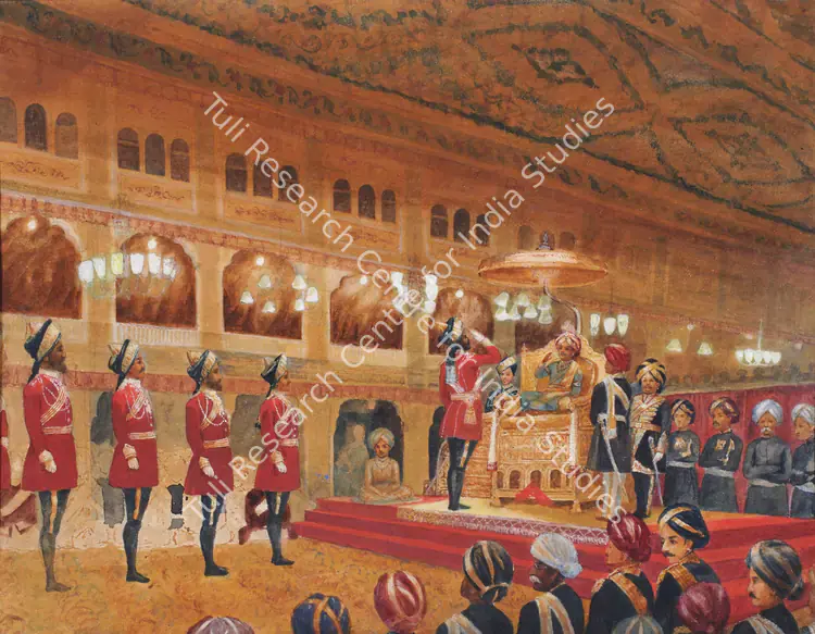 Varma, Raja Ravi (Artist). Coronation Of Krishnaraja Wodeyar Iii At The Mysore Durbar. Gouache on paper, c.1884 | Painting | FineArts | 00755178