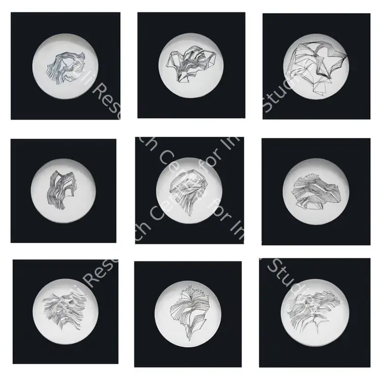 Patel, Dashrath (Artist). A Set of Nine Ceramic Plates. Ink glaze on ceramic, n.d. | Sculpture | EconomicsArt | 00873053