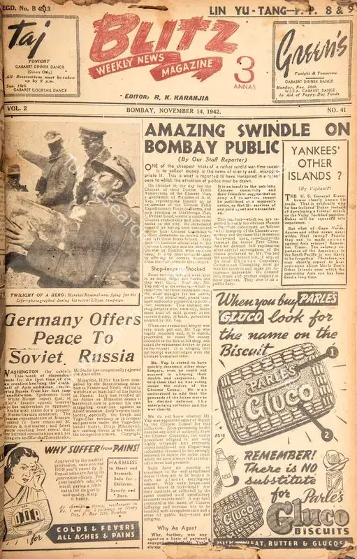 Karanjia, R.K. (Editor). Blitz - Weekly News Magazine. Bombay: R.K. Karanjia, 14 November 1942 | Magazine | CinemaEducation | 00796753