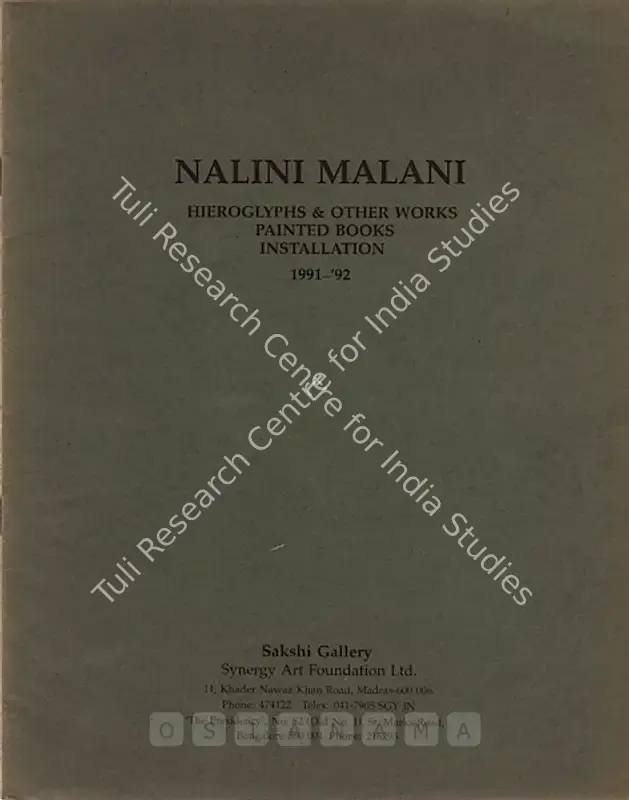 Malani, Nalini (Artist). Nalini Malani - Hieroglyphs & Other Works Painted Books Installation 1991-'92. Madras: Sakshi Gallery, 1991 | Solo Exhibition Catalogue  | 00875755
