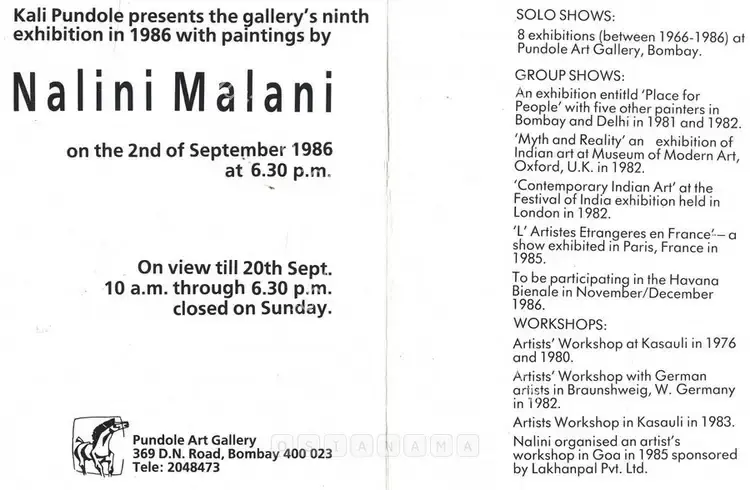 Malani, Nalini (Artist). Nalini Malani. Bombay: Pundole Art Gallery, 1986 | Solo Exhibition Invitation | FineArts | 00859315