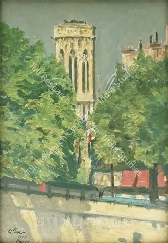 Kar, Chintamoni (Artist). Church Tower In Front Of Musee De Louvre, Paris. Oil on board, 1950 | Painting | FineArts | 00561629