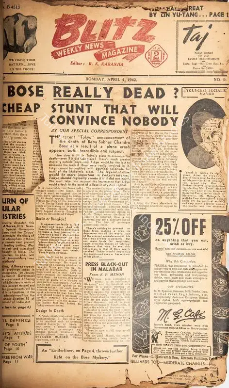 Karanjia, R.K. (Editor). Blitz - Weekly News Magazine. Bombay: R.K. Karanjia, 04 April 1942 | Magazine | CinemaEducation | 00796721