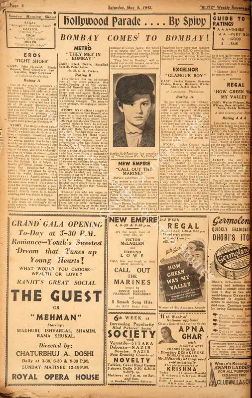 The Guest or "Mehman" . In <i>Blitz - Weekly News Magazine.</i> p. 2. Bombay: R.K. Karanjia, 09 May 1942 | Film Review | CinemaEducation | 00142464