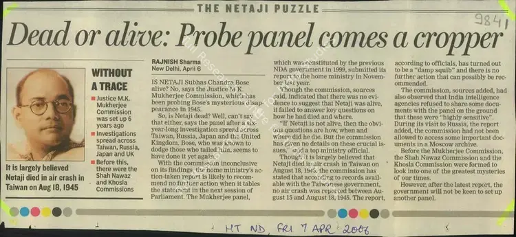 Sharma, Rajnish (Reporter). Dead Or Alive: Probe Panel Comes a Cropper. New Delhi: Hindustan Times, 07 April 2006 | Newspaper Clipping | Scholarship | 00856722