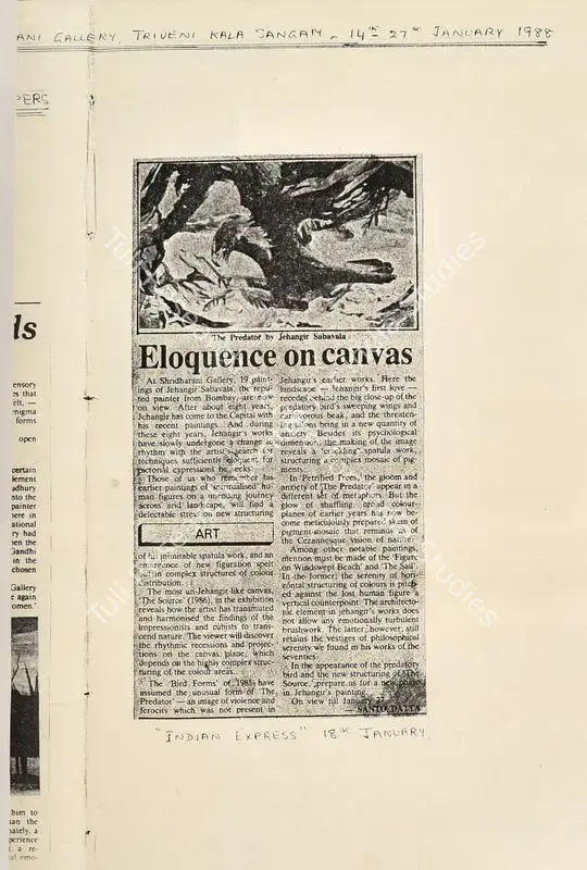 Datta, Santo (Writer). Eloquence on Canvas. The Indian Express, 18 January 1988 | Newspaper Clipping | FineArts | 00728538