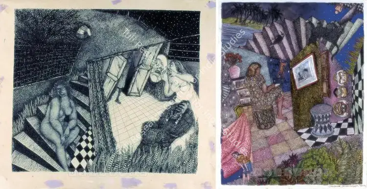 Bhattacharyya, Chandrima (Artist). My Fair Lady Among Mother-In-Law's Tongue. Pen and coloured ink on paper, 1991 | Painting  | 00877601