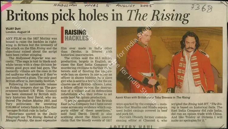 Dutt, Vijay (Reporter). Britons pick Holes in The Rising. Hindustan Times, 15 August 2005 | Newspaper Clipping | CinemaEducation | 00855516