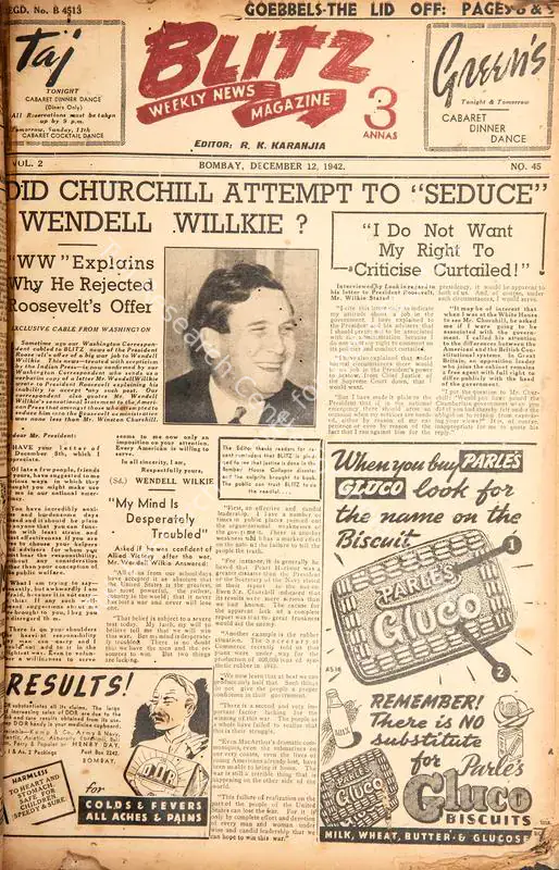 Karanjia, R.K. (Editor). Blitz - Weekly News Magazine. Bombay: R.K. Karanjia, 12 December 1942 | Magazine | CinemaEducation | 00796757