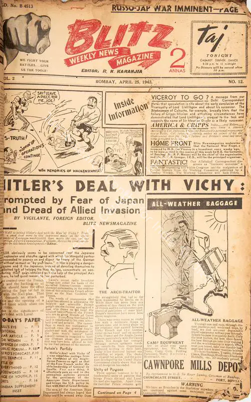 Karanjia, R.K. (Editor). Blitz - Weekly News Magazine. Bombay: R.K. Karanjia, 25 April 1942 | Magazine | CinemaEducation | 00796724