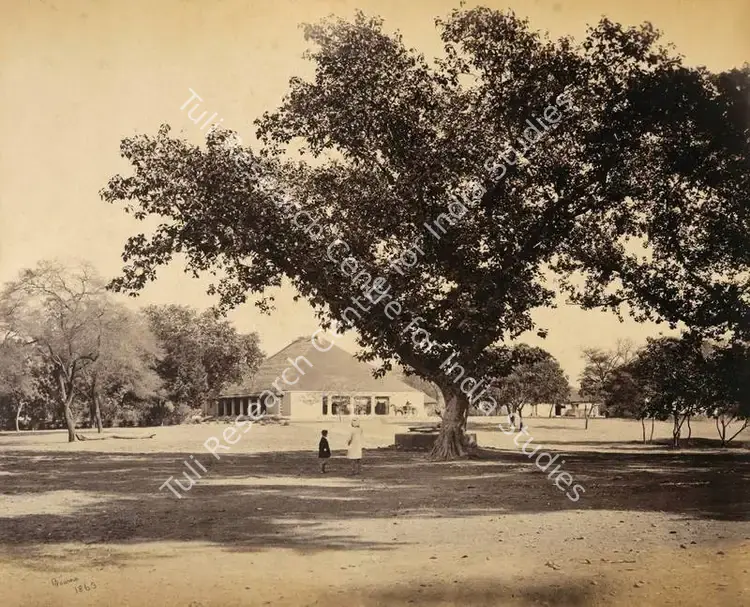 Bourne, Samuel (Photographer). An Indian Compund and Bungalow -Umballa - From the album 'Views of Delhi and Umballa by Samuel Bourne'. Albumen print pasted on mount, c.1865-1866 | Antiquarian Photograph | Photography | 00115217
