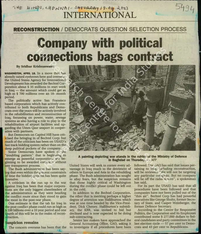 Krishnaswami, Sridhar (Reporter). Company with Political Connections Bags Contract. Chennai: The Hindu, 19 April 2003 | Newspaper Clipping | ArcHeritage | 00855583