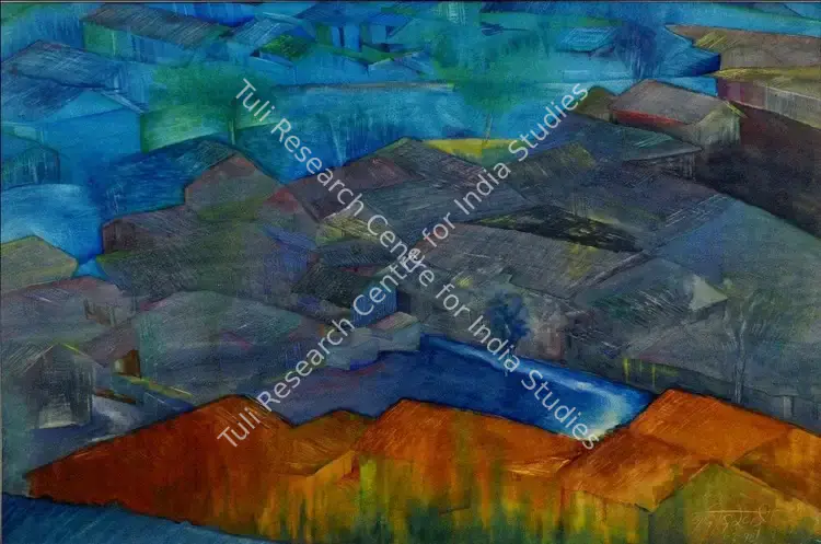 Mansoori, Nabibaksh (Artist). Village Scape K. Gouache and watercolour on paper, 1998 | Painting | FineArts | 00332398