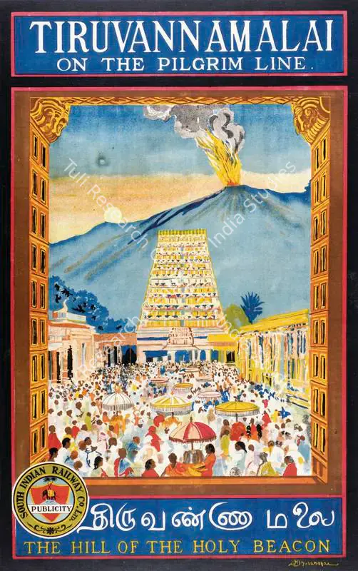 Dhurandhar, After M.V. (Artist). Tiruvannamalai on the Pilgrim Line-The Hill Of The Holy Beacon. Lithographic print on paper, 1925 | Travel Publicity Related Art & Poster | PopCulture | 00092925