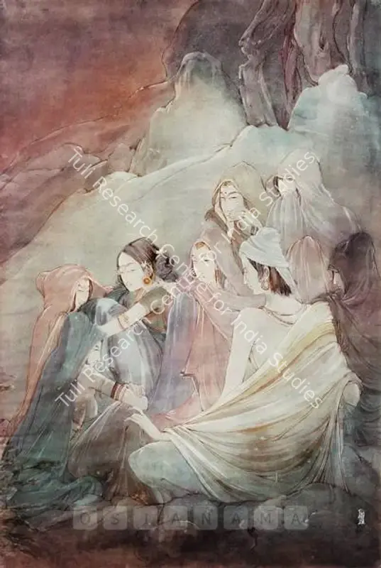 Vijaiwargiya, Ramgopal (Artist). Women With A Holyman On A Mountainside By Night. Watercolour and bodycolour on paper, 1930s | Painting  | 00881646