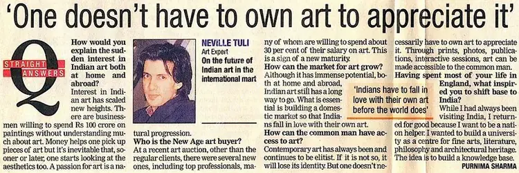 Sharma, Purnima (Reporter). One doesn't have to own art to appreciate it. New Delhi: The Times of India, 12 October 2004 | Newspaper Clipping | FineArts | 00855675