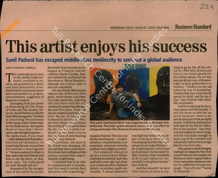 Carroll, Aarti Menon (Reporter). This Artist Enjoys his Success - Sunil Paudwal has Escaped Middle-Class Medioocity to Seek Out a Global Audience. Mumbai: Business Standard, 20 August 2005 | Newspaper Clipping | EconomicsArt | 00855789