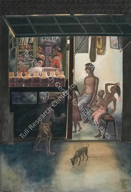 Dev Burman, D.K. (Artist). Neighbourhood Shop. Tempera on handmade paper laid on paper , 1968 | Painting | FineArts | 00333337