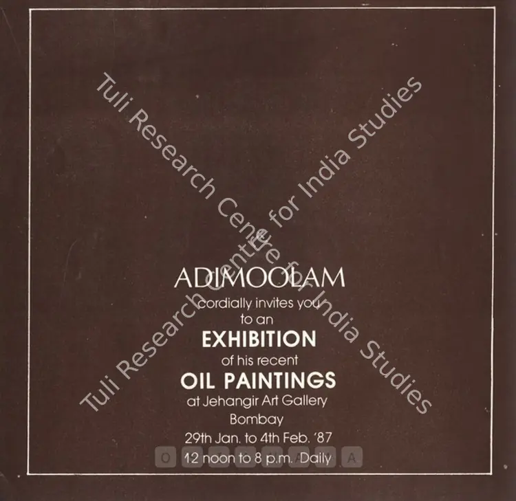 Adimoolam, K.M. (Artist). Adimoolam. Bombay: Jehangir Art Gallery, 1987 | Solo Exhibition Invitation | FineArts | 00858871