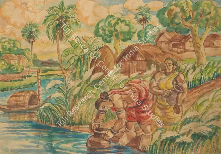 Sultan, Sheikh Mohammed (Artist). Untitled (Two women gathering water). Watercolour on paper laid on card, 1990 | Painting | FineArts | 00356635