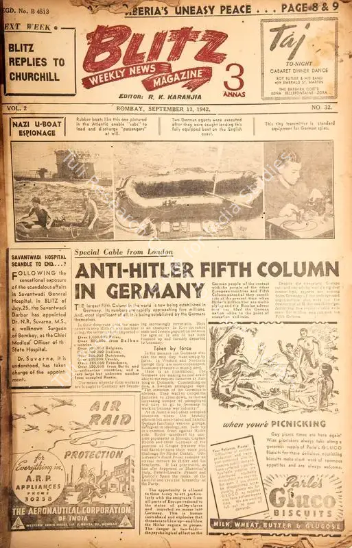 Karanjia, R.K. (Editor). Blitz - Weekly News Magazine. Bombay: R.K. Karanjia, 12 September 1942 | Magazine | CinemaEducation | 00796744
