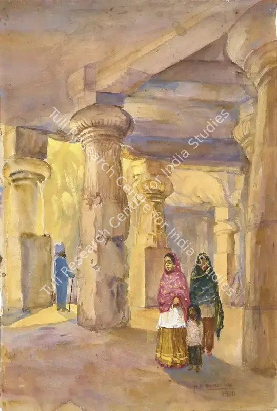 Sardesai, N.R. (Artist). Elephanta Caves. Gouache on paper, n.d. | Painting | EconomicsArt | 00868295