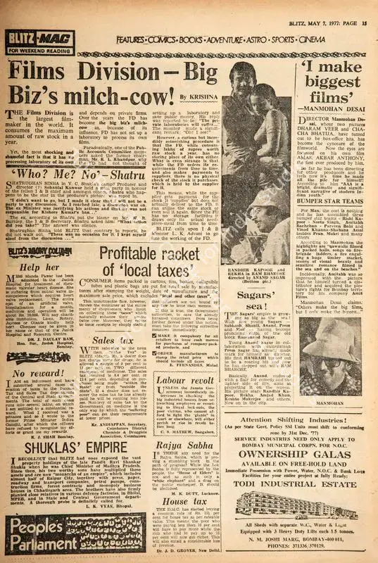 Desai, Manmohan (Essayist). I Make Biggest Films'. In <i>Blitz - India's Greatest Weekly.</i> p. 15. Bombay: R.K. Karanjia, 07 May 1977 | Film Review | CinemaEducation | 00145133