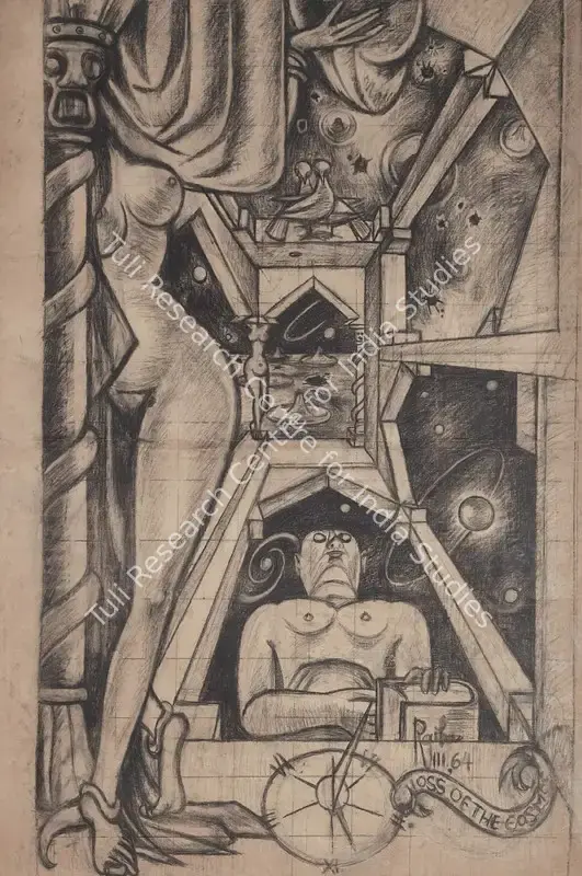 Raiba, A.A. (Artist). Loss of the Cosmos. Charcoal on paper pasted on board, 1964 | Painting  | 00868660