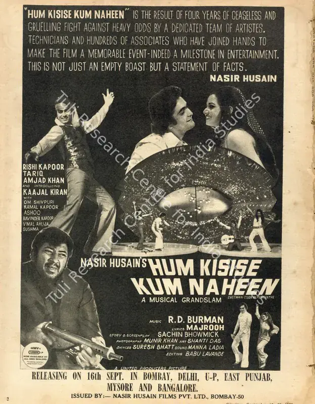 Husain, Nasir (Producer), Hum Kisise Kum Naheen, 1977 | Advertisement, Filmfare, 16 September 1977 | CinemaEducation | 00791582