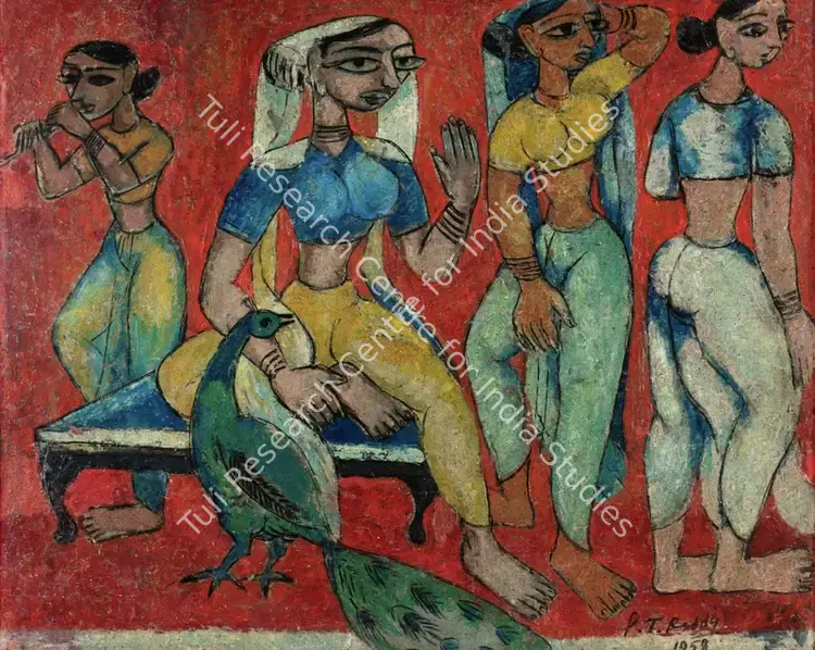 Reddy, P.T. (Artist). Princess and Attendants. Oil on cardboard pasted on plywood, 1958 | Painting | EconomicsArt | 00869197