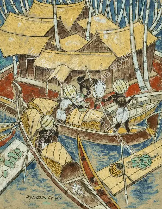 Almelkar, A.A. (Artist). Untitled (Fishermen). Oil and ink on card, 1955 | Painting | FineArts | 00363752