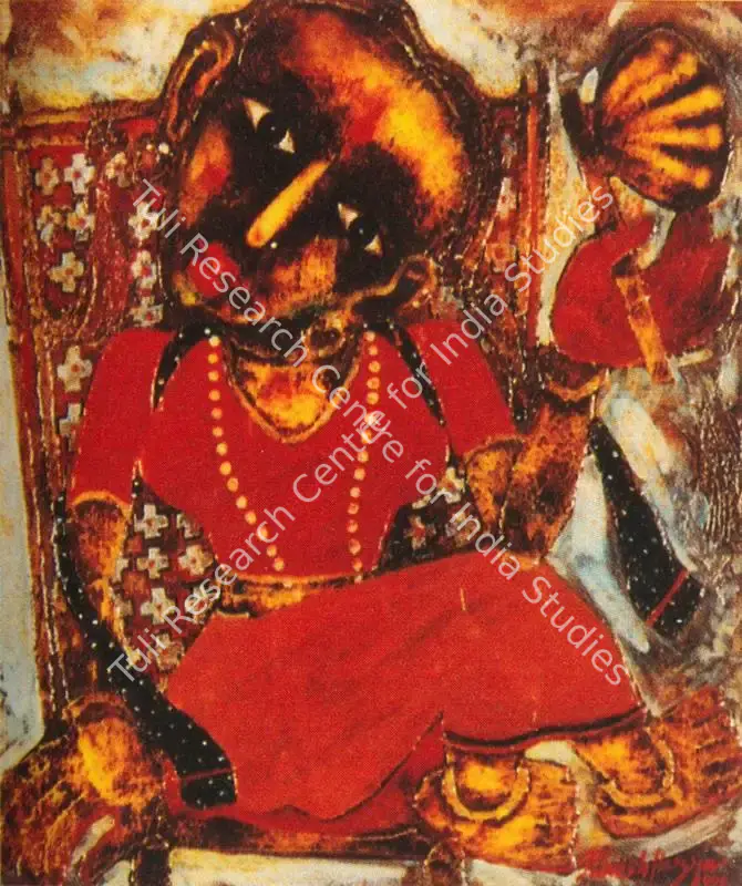 Hazra, Paresh (Artist). Lady with a fan. Egg tempera on canvas, n.d. | Painting | FineArts | 00372059