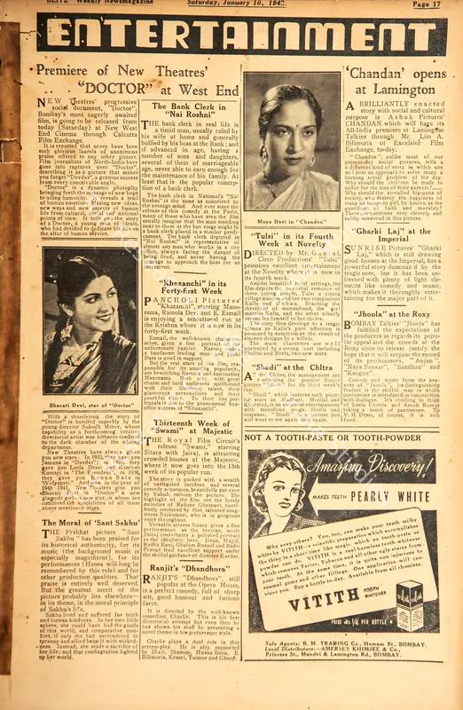 "Jhoola" at the Roxy. In <i>Blitz - Weekly News Magazine.</i> p. 17. Bombay: R.K. Karanjia, 10 January 1942 | Film Review | CinemaEducation | 00142385