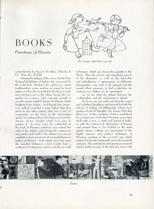 A., M.R. (Essayist). Paintings of Husain. In <i>Marg.</i> 8(3), pp. 87-90. Bombay: Marg, June 1955 | Essay | FineArts | 00668835