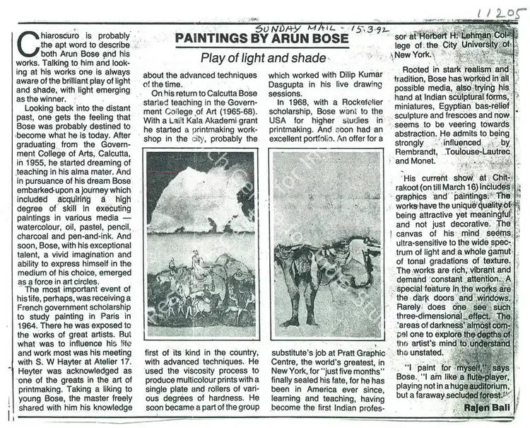 Bali, Rajesh (Writer). Paintings By Arun Bose Play of Light and Shade. The Sunday Mail, 15 March 1992 | Newspaper clipping | FineArts | 00635239