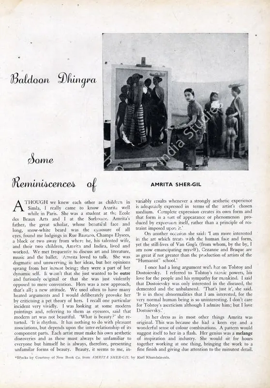 Dhingra, Baldoon (Essayist). Some Reminiscences of Amrita Sher-Gil. In <i>Marg.</i> 1(1), pp. 70-71. Bombay: Modern Architectural Research Group, October 1946 | Essay | FineArts | 00668741