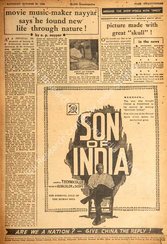 Nayyar, O.P. (Essayist). Movie Music-Maker Nayyar Says He Found New Life Through Nature !. In <i>Blitz - Hindi Sanskaran.</i> p. 23. Bombay: Homi D. Mistry, 27 October 1962 | Film Review | CinemaEducation | 00142706