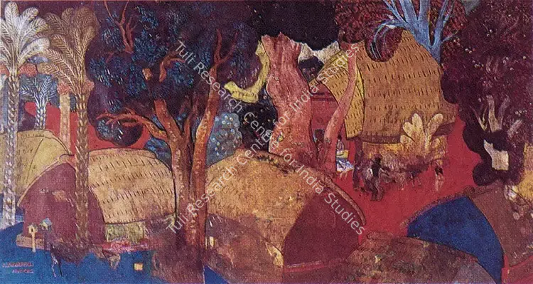 Dhanapal, S. (Artist). Village. Tempera on paper pasted on board, 1952 | Painting | FineArts | 00373180