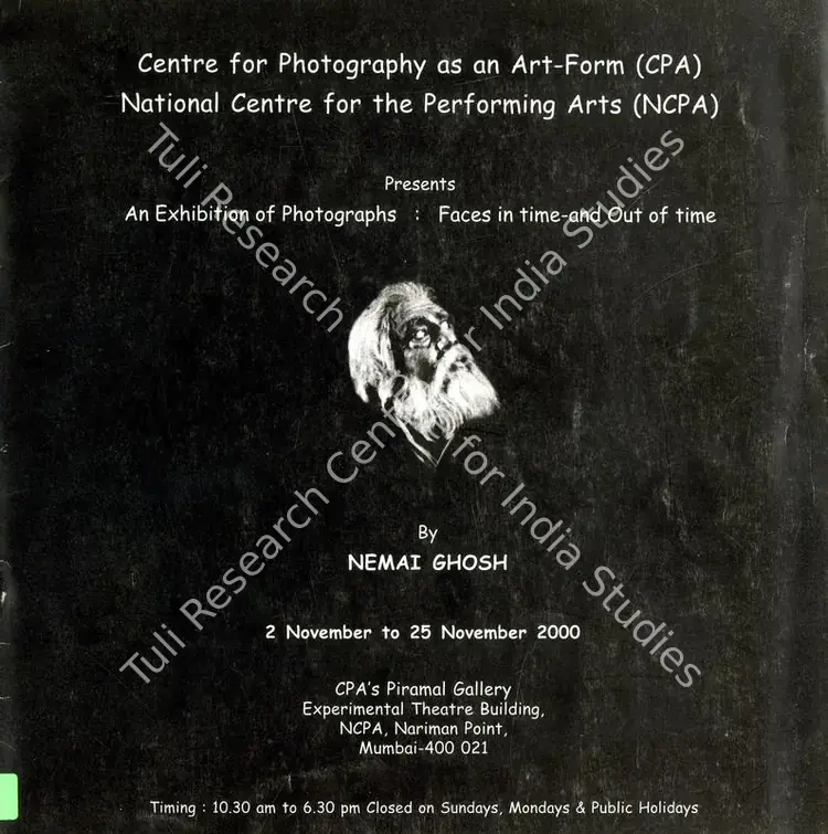 Ghosh, Nemai (Photographer) and Samik Bandyopadhyay. An Exhibition of Photographs - Faces in Time and Out of Time. p. 12. Mumbai: CPA/NCPA, 2000 | Essay | CinemaEducation | 00731595