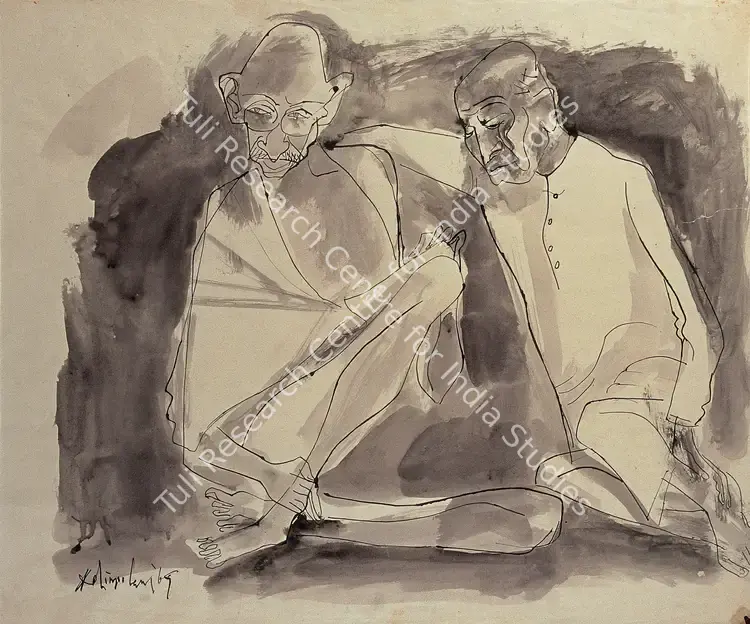 Adimoolam, K.M. (Artist). Gandhiji With Sardar Patel. Pen and ink on paper, 1969 | Drawing | FineArts | 00375370