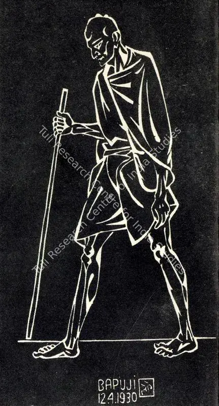 Bose, Nandalal (Artist). Dandi March (Bapuji). Linocut, 1930 | Journal of Arts & Ideas, March 1995 | Graphic Art | Scholarship | 00676879