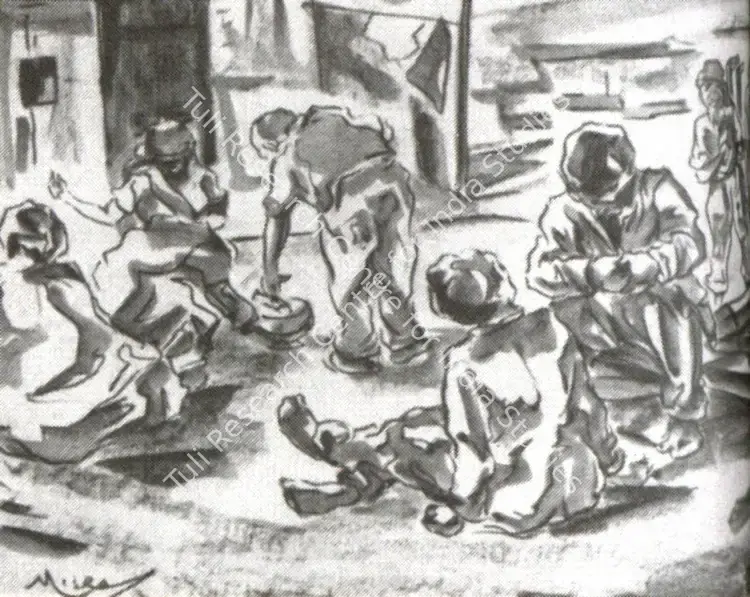 Misra, Hemanta (Artist). On the Courtyard. Chalk and Wash, n.d. | Marg, December 2022 - March 2023 | Drawing | FineArts | 00675361