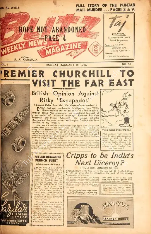 Karanjia, R.K. (Editor). Blitz - Weekly News Magazine. Bombay: R.K. Karanjia, 10 January 1942 | Magazine | CinemaEducation | 00796715