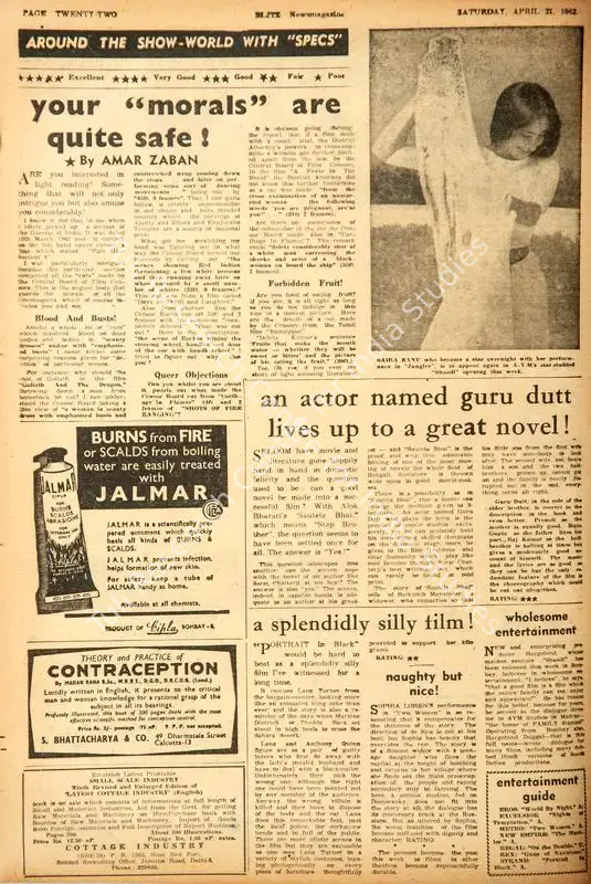An Actor Named Guru Dutt Lives up to a Great Novel !. In <i>Blitz - Hindi Sanskaran.</i> p. 22. Bombay: R.K. Karanjia, 21 April 1962 | Film Review | CinemaEducation | 00142671