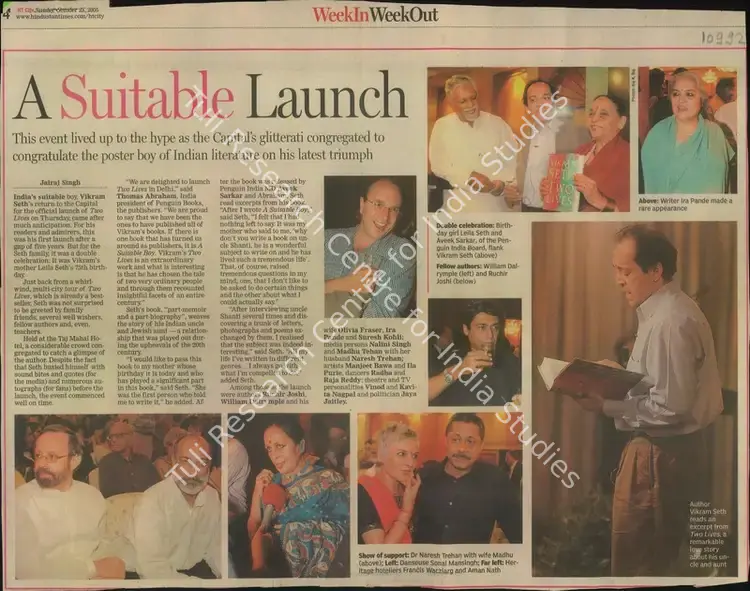 Singh, Jairaj (Reporter). A Suitable Launch - This Event Lived Up to the Hype as The Capital's Glitterati Congregated To Congratulate The Poster Boy of Indian Literature On His Latest Triumph. Hindustan Times, 23 October 2005 | Newspaper Clipping | Scholarship | 00847724