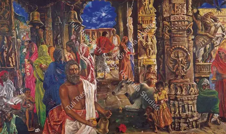 Chaubey, Anunaya (Artist). Temple Scene. Oil on canvas, 1997 | Painting | FineArts | 00371932
