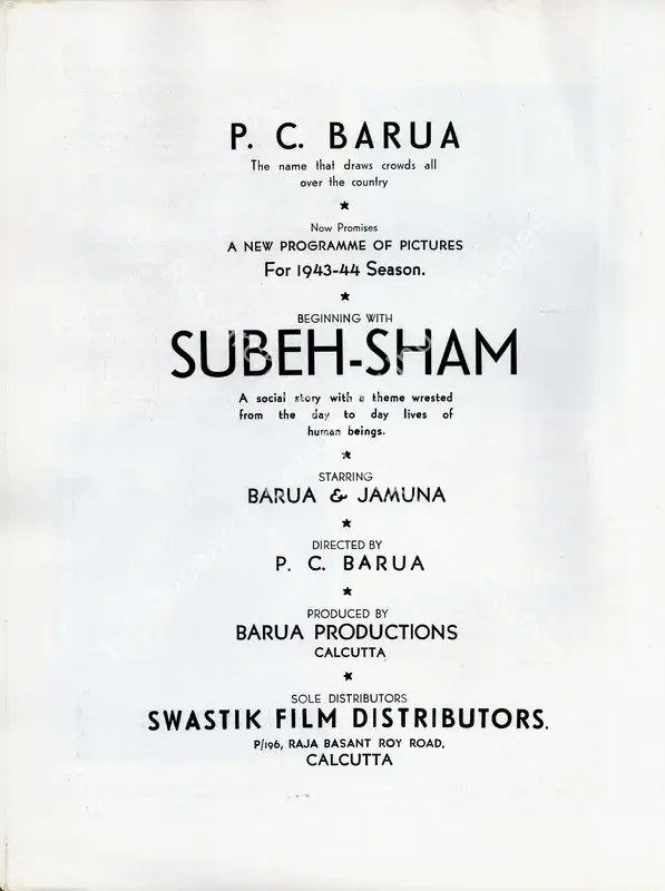 Barua, P.C. (Director), Subah Shyam, 1944 | Advertisement, Filmindia, July 1943 | CinemaEducation | 00858607